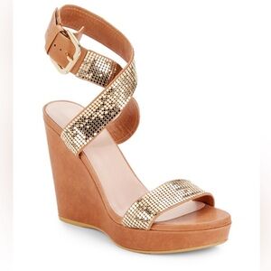 Stuart Weitzman Gold Metallic Strap Tan  Wedges
